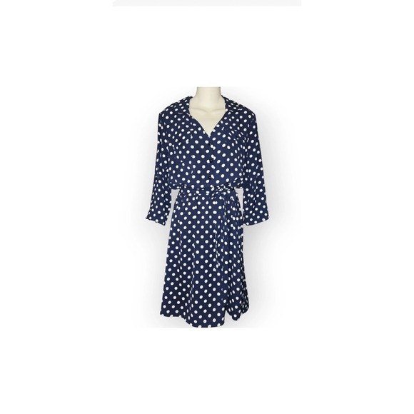 Emma & Michele Dresses & Skirts - Emma‎ & Michele Women's Sml Navy Blue White Polka Dot Shirt Dress 3/4 Tab Sleeve